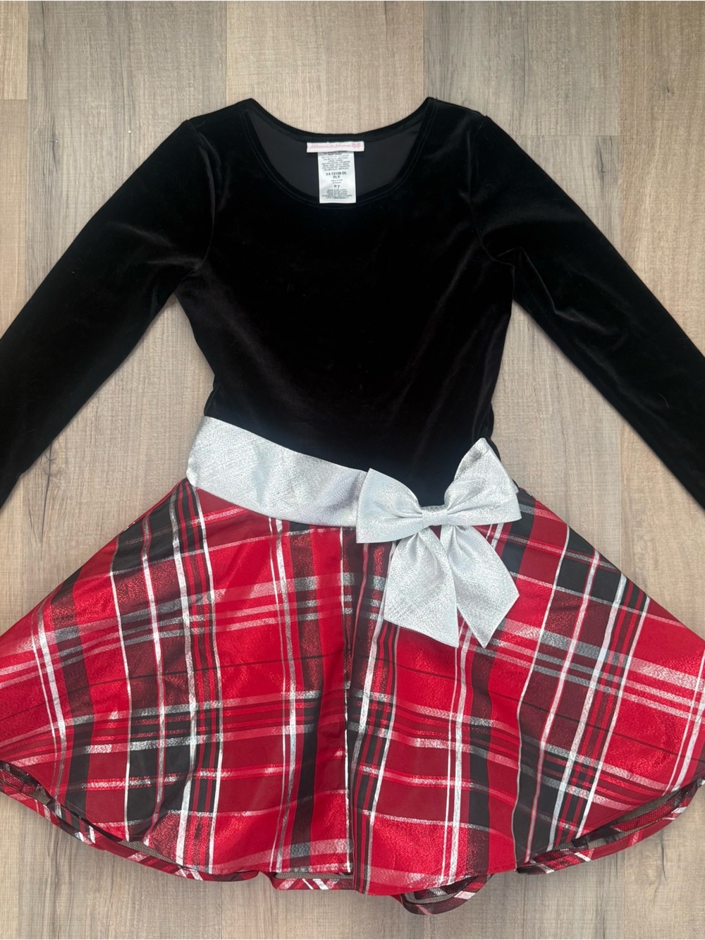 Bonnie Jean Black Velvet Girls Silver Bow Holiday Red Plaid Kids Size 7 Dress